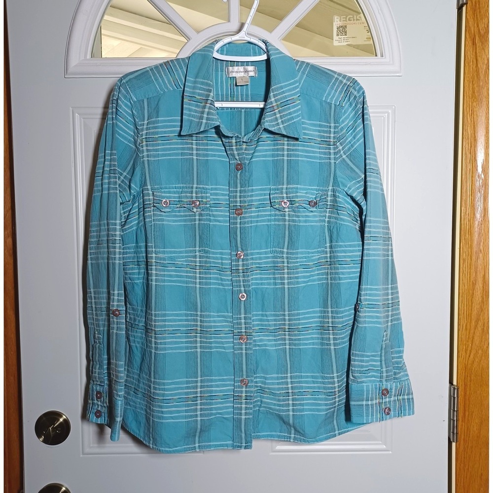 Christopher & Banks Womens L Teal Plaid Button Shirt L/S Pockets Southwestern